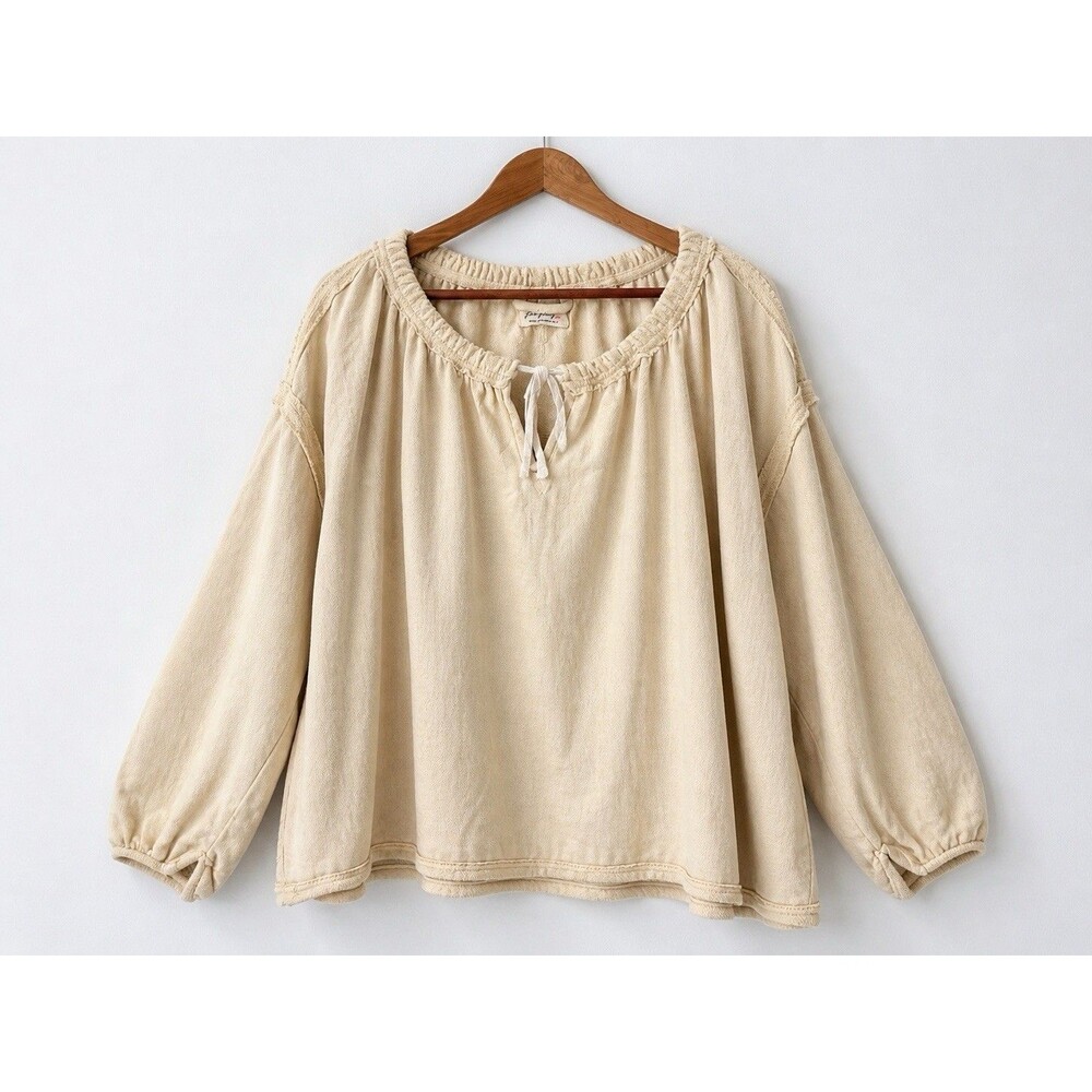 Free People Linen Peasant Top Cream Boho Blouse Long Sleeve Italy 1X